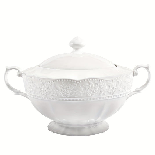 Beautiful White Ceramic Soup Tureen with Lid and Handle - Ideal for Use at Home, Restaurants, and Parties