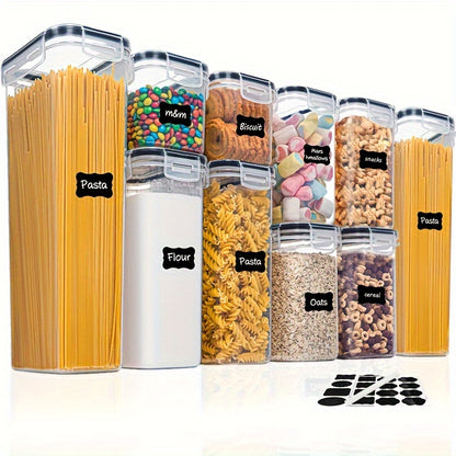 Set of 10 airtight food storage containers made from BPA-free materials, perfect for storing sugar, flour, and spaghetti. Dishwasher safe with labels included. Ideal for home use.