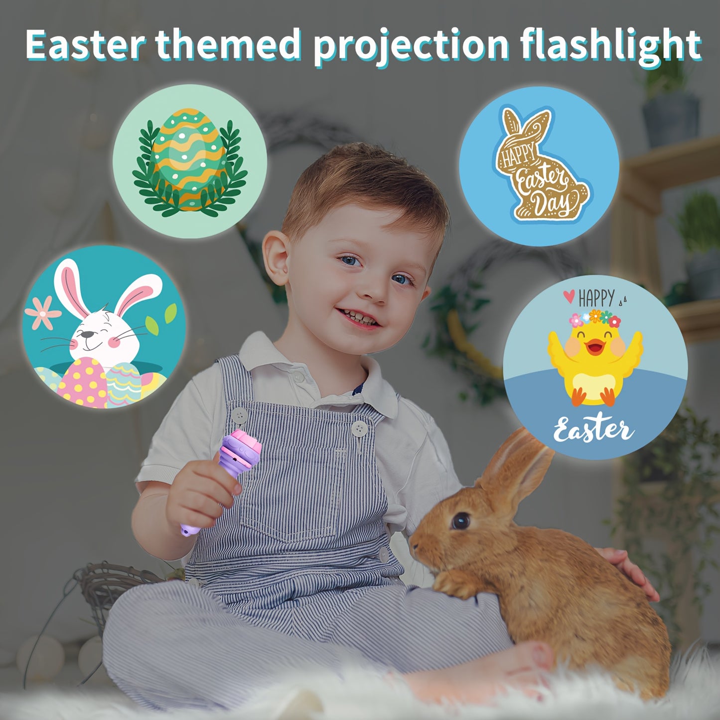 Projection flashlight for Easter with battery power, ABS material in purple/blue color, featuring Easter Bunny/Easter Egg pattern, novelty viewfinder toy.