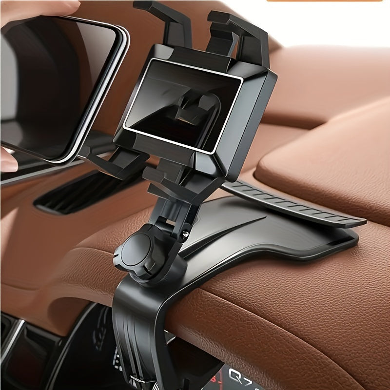 Rotating 360-degree car phone holder with parking number plate for dashboard navigation.