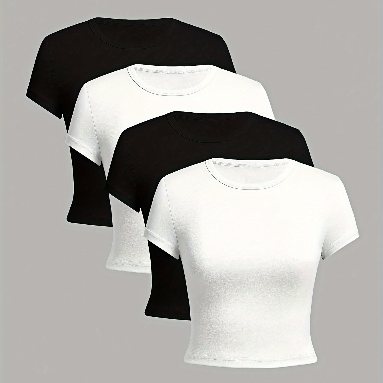 Women's 4pcs Slim Fit Short Sleeve T-Shirts in Black, Brown, Pink, and White. Stretchy, breathable fabric perfect for casual summer wear with round neckline and comfortable fit.