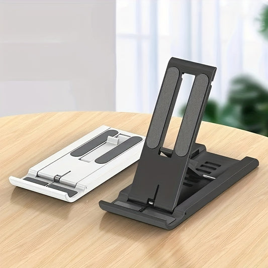 Adjustable foldable phone stand made of multi-functional ABS material, suitable for bedside table or tabletop use with smartphones, tablets, and live streaming support. Not waterproof.