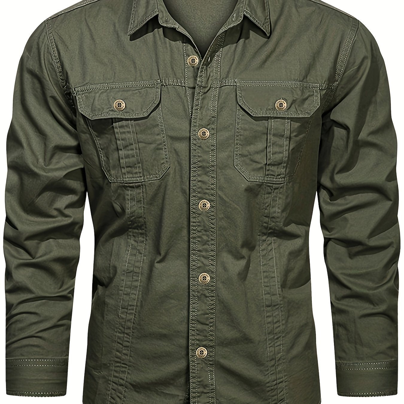 Men's breathable cotton cargo shirts for outdoor activities in spring and fall, featuring long sleeves and chest pockets.