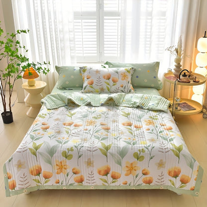 Modern hypoallergenic quilt with floral pattern, plaid pieces, and embellishments. Made of all-season polyester, machine washable, multi-functional, suitable for single/double beds.