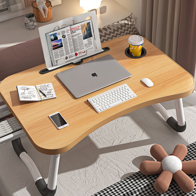 Large portable laptop desk with folding design, featuring multifunctional tray, cup holder, drawer, USB port, fan, and light. Made of durable aluminum alloy, suitable for use on bed, sofa