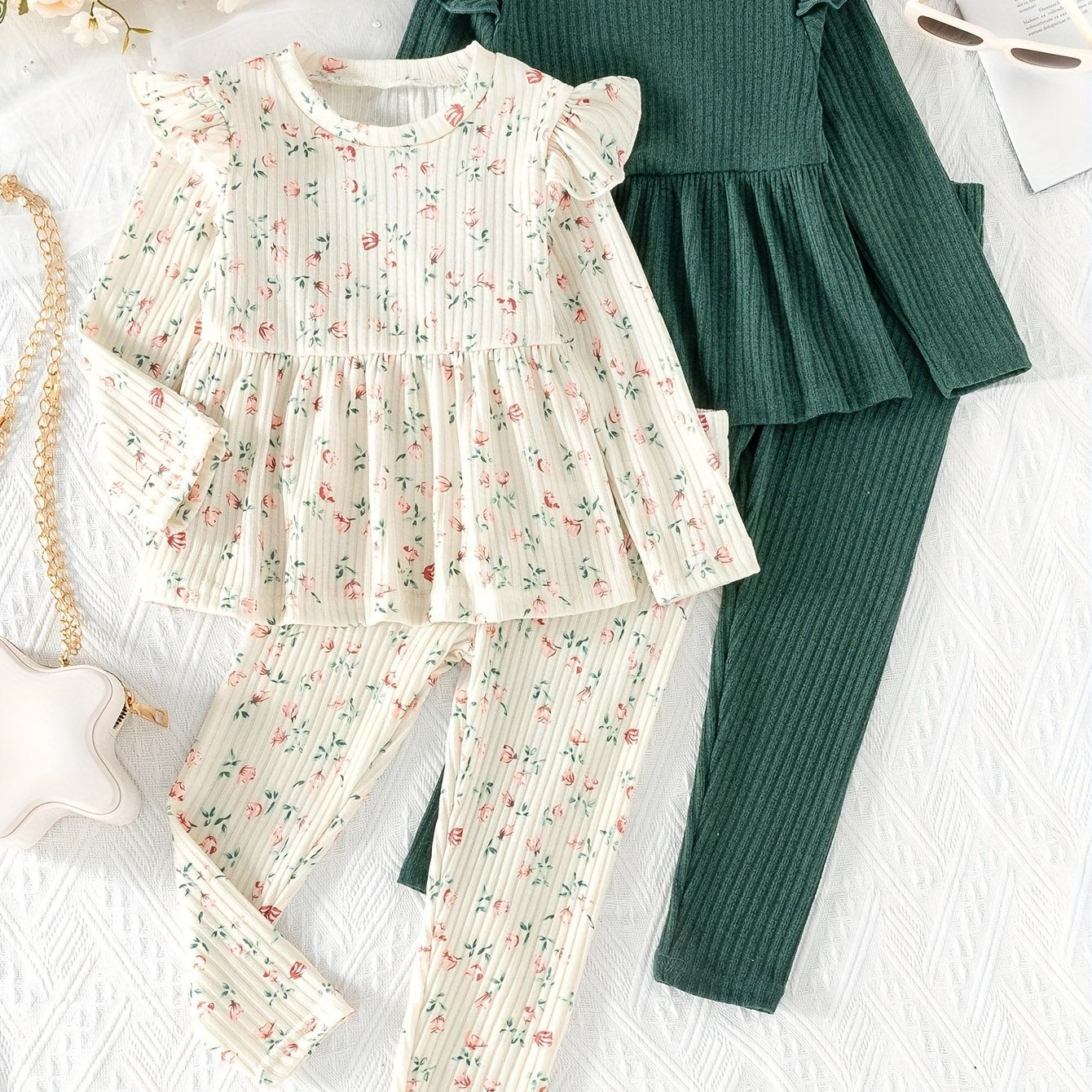 (Floral + Solid) 2 Sets Girls Long Sleeve Peplum Tee + Casual Pants Co-ords Set - Cute Spring/Fall Outdoor Clothes Gift