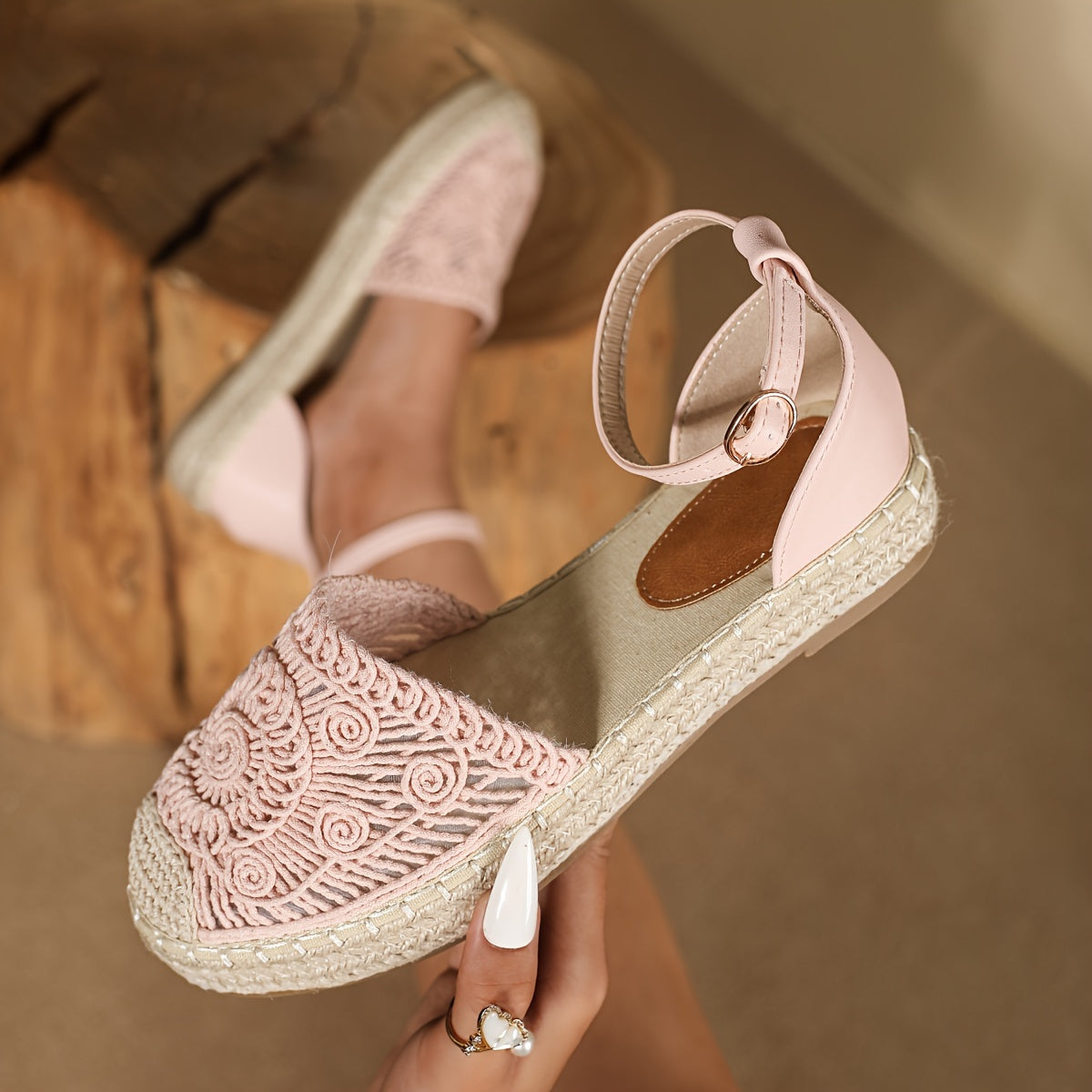 Women's straw woven platform sandals with closed toe and ankle straps, perfect for vacation.