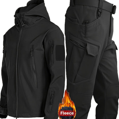 Men's Shark Skin Fleece Set: Hooded jacket + Tactical pants. Fall/Winter workwear made of Poly-Spandex blend. Solid color, loose fit.