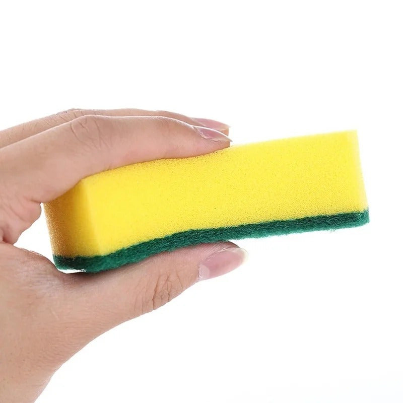 Polyurethane Dual-Sided Cleaning Sponges, in packs of 10, 12, or 24. Yellow-Green color, offering strong decontamination for use outdoors, in the kitchen, on the patio, and on furniture.