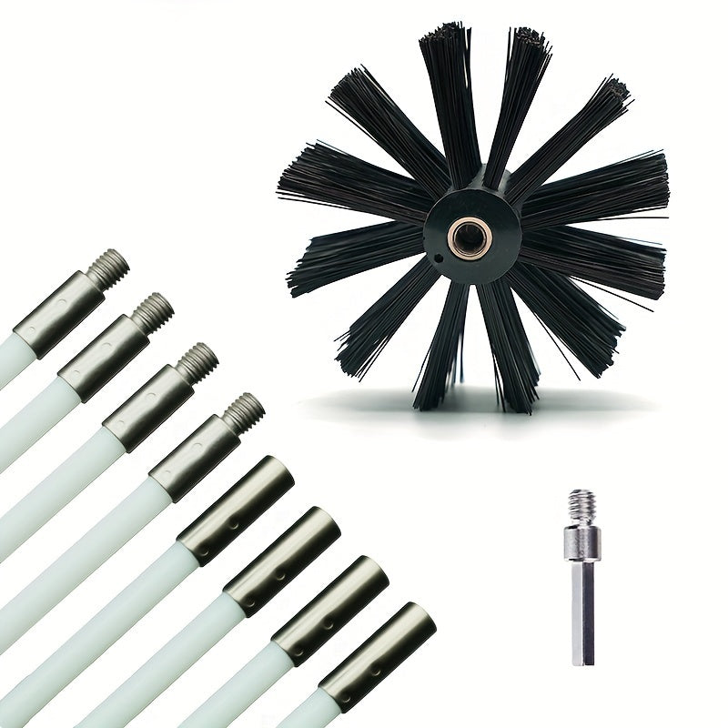 Set of 10 chimney brushes with drill attachment, extending to 3.05 meters. Features 4-inch diameter nylon bristles, soft PP rods, and reusable metal fireplace cleaning tools.