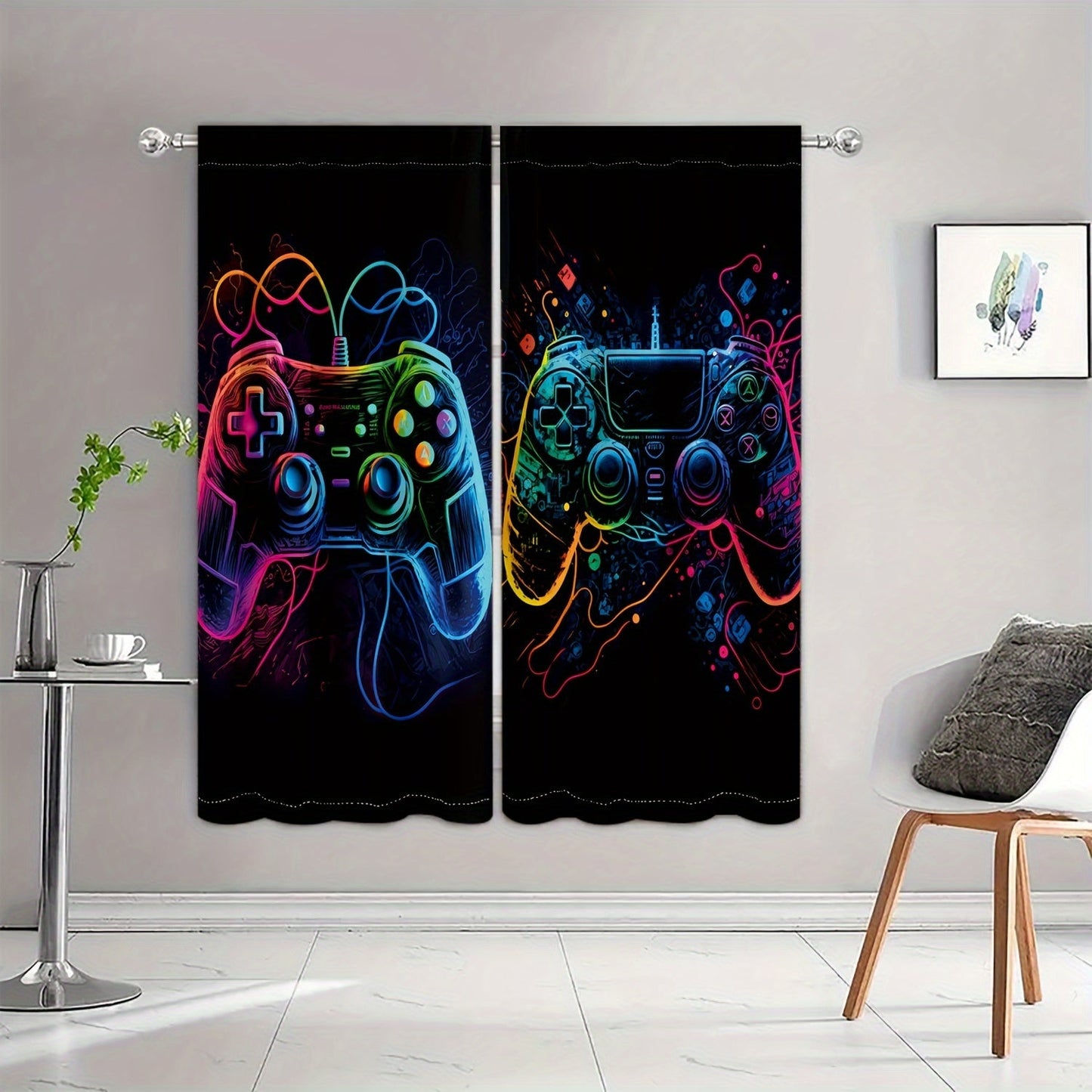 Two player game controller design living room curtain screen-printed with a colorful game console pattern. This semi-transparent curtain provides privacy and is suitable for both the bedroom and living room.