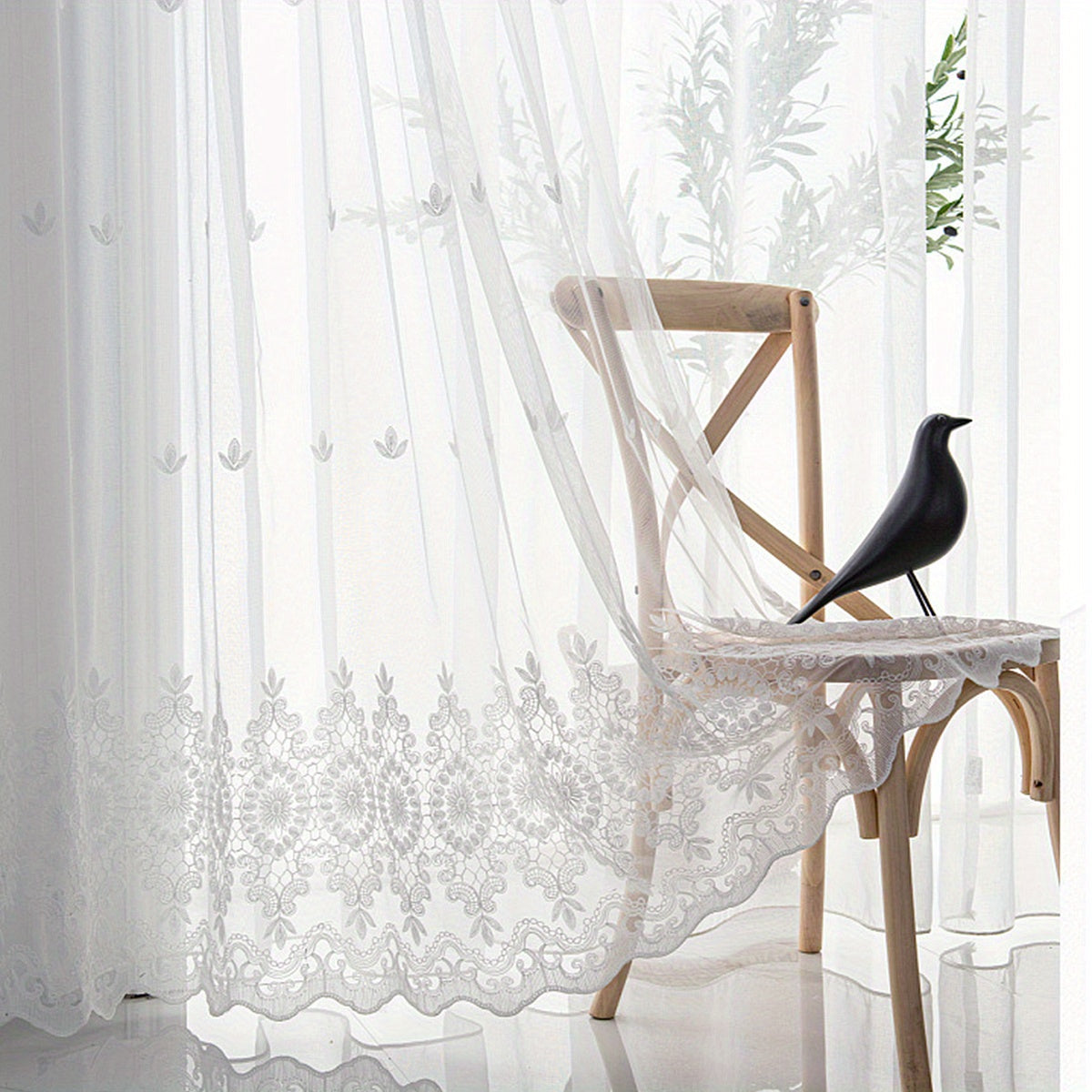 Modern embroidered sheer curtain made from 100% polyester with a rod pocket design, perfect for living room or bedroom. Features a geometric pattern and should be hand washed only. This decorative unlined mesh fabric provides a pastoral style that is