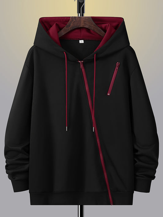 Men's plus-size hoodie made from 100% polyester knit fabric with slight stretch, solid color, hooded with zipper detail, ideal for autumn/winter outdoor wear.