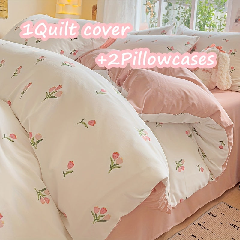 3-piece bedding set includes 1 quilt cover and 2 pillowcases with floral design. Cozy, breathable, and suitable for all seasons. Machine washable with no fading or deformation. Ideal for a