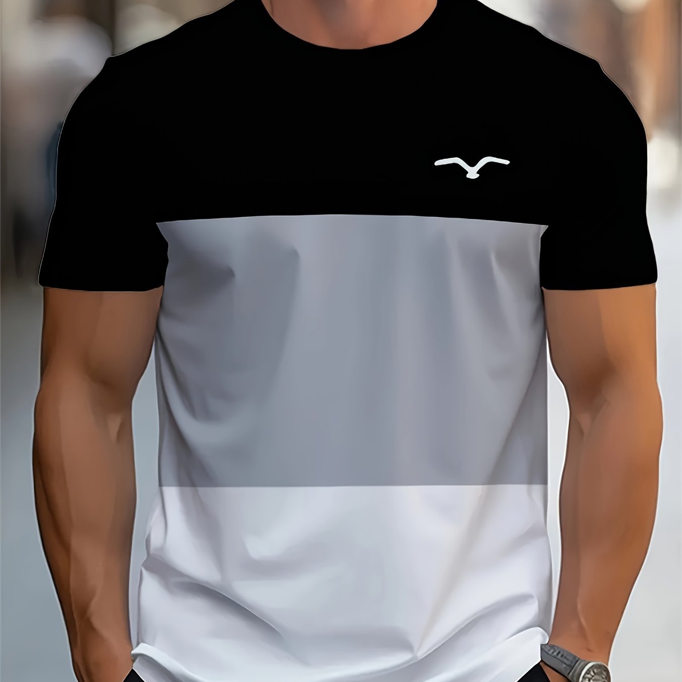 Men'S Color Block Round Neck Short Sleeve T-Shirt - Casual Summer Sports Top, Polyester Knit Fabric, Adult Unisex, Thin Version for Summer