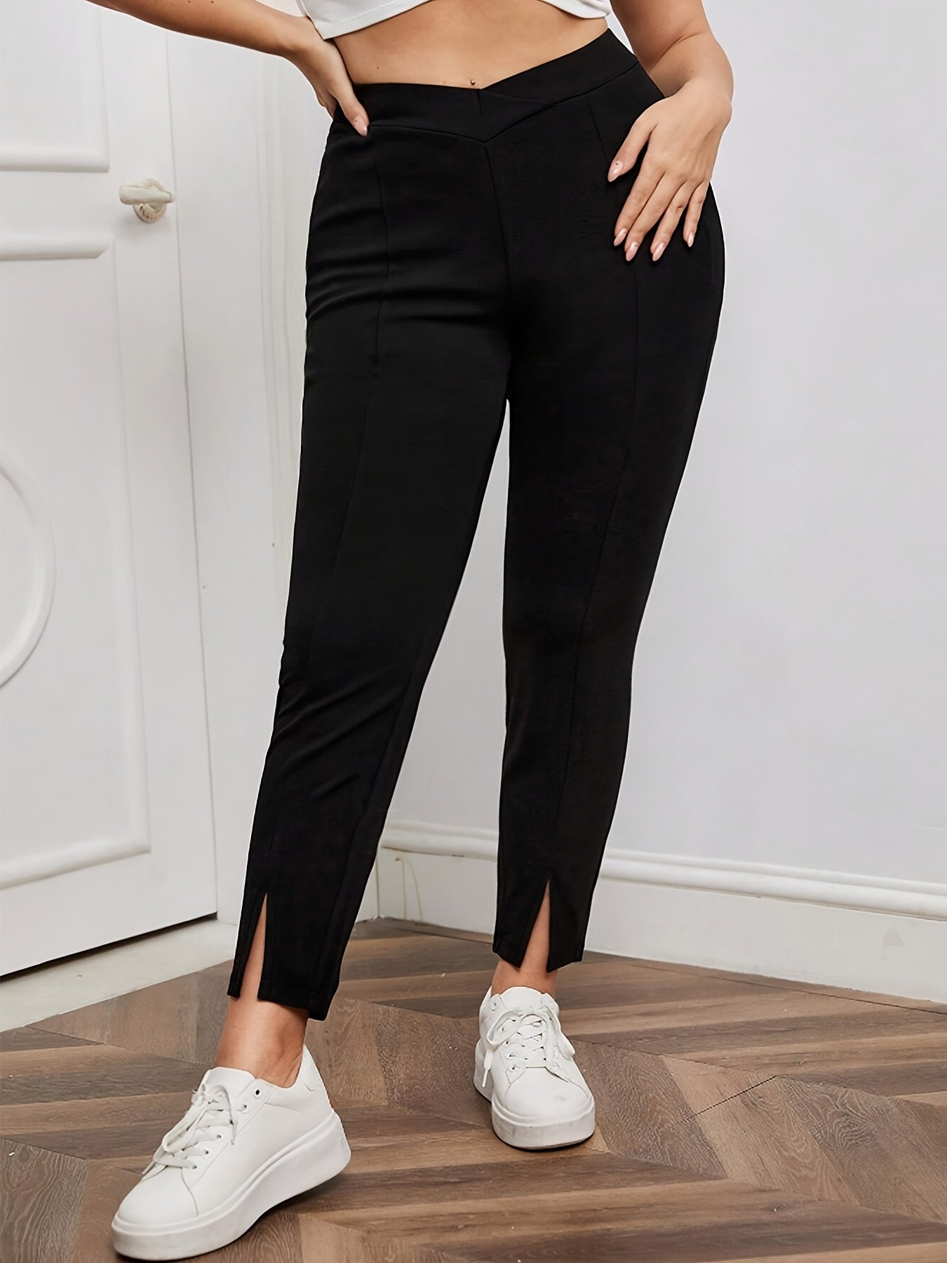 Plus Size Solid Split Hem Pants for Spring & Summer, Casual High Waist Skinny Pants for Women's Plus Size Clothing.