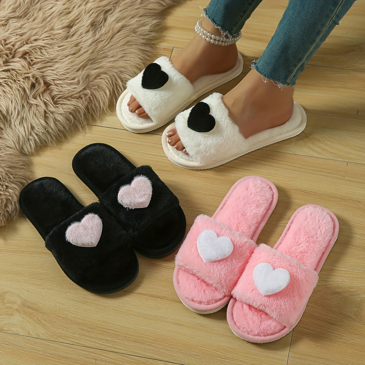 2024 New Women's Plush Fleece-Lined Winter Slippers - Non-Slip EVA Sole, Heart Pattern Indoor House Shoes in Black & Pink, Cozy Soft Fabric, All-Season Comfort. Casual, Relaxed Style