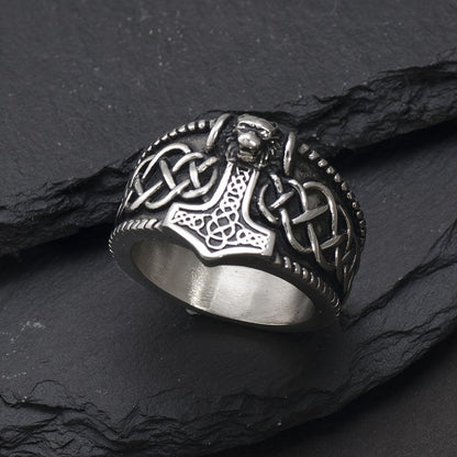 Men's Vintage Lion Head Thor's Hammer Ring - 316 Stainless Steel, Fashionable Amulet Jewelry