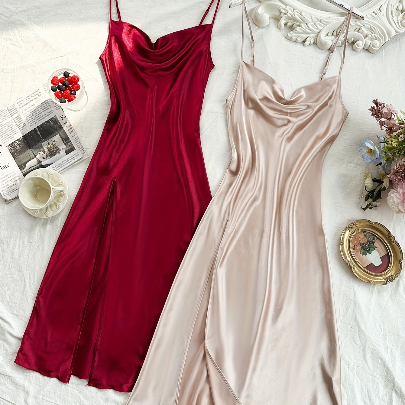 Woman's elegant satin turtleneck sleep dress with backless split, comfortable nightgown.