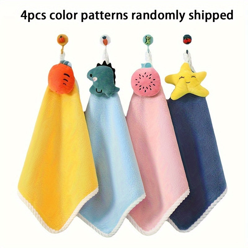 Set of 4 Hanging Hand Towels, Adorable Cartoon Design, Highly Absorbent Ultra Soft Coral Velvet Cloths