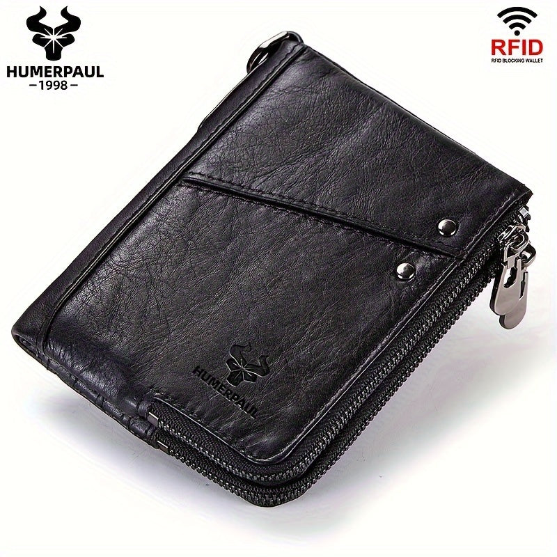 Large capacity multi-function clutch wallet made of genuine leather with zipper pocket and snap closure, suitable for casual style. Dry clean only, no printing, and edge painted.