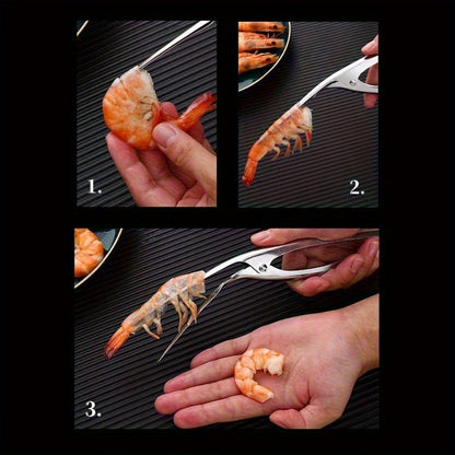 Effortlessly remove shrimp shells with this stainless steel deveiner peeler featuring a comfort grip handle. This kitchen utensil is designed for easy shrimp preparation and is made with food contact safe material.