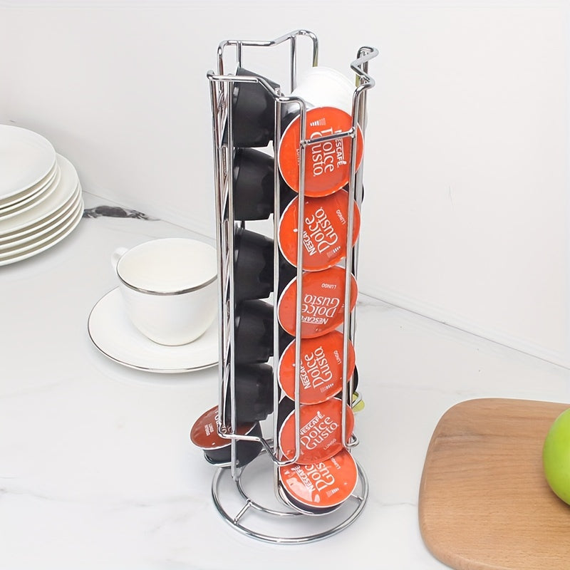 One-piece coffee capsule storage rack designed for 18 Dolce Gusto capsules, made from high-quality rotating iron art.