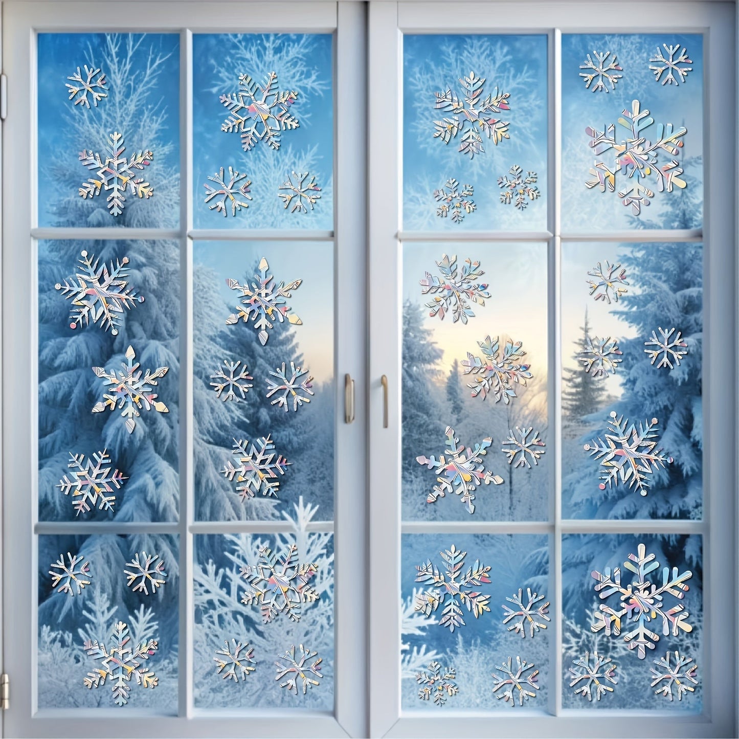 Window snowflake decals for glass windows, including 26 pieces for larger windows and 13 pieces for smaller windows. These decals are designed to prevent bird collisions with windows and feature a non-adhesive prismatic design. Decorate your windows with