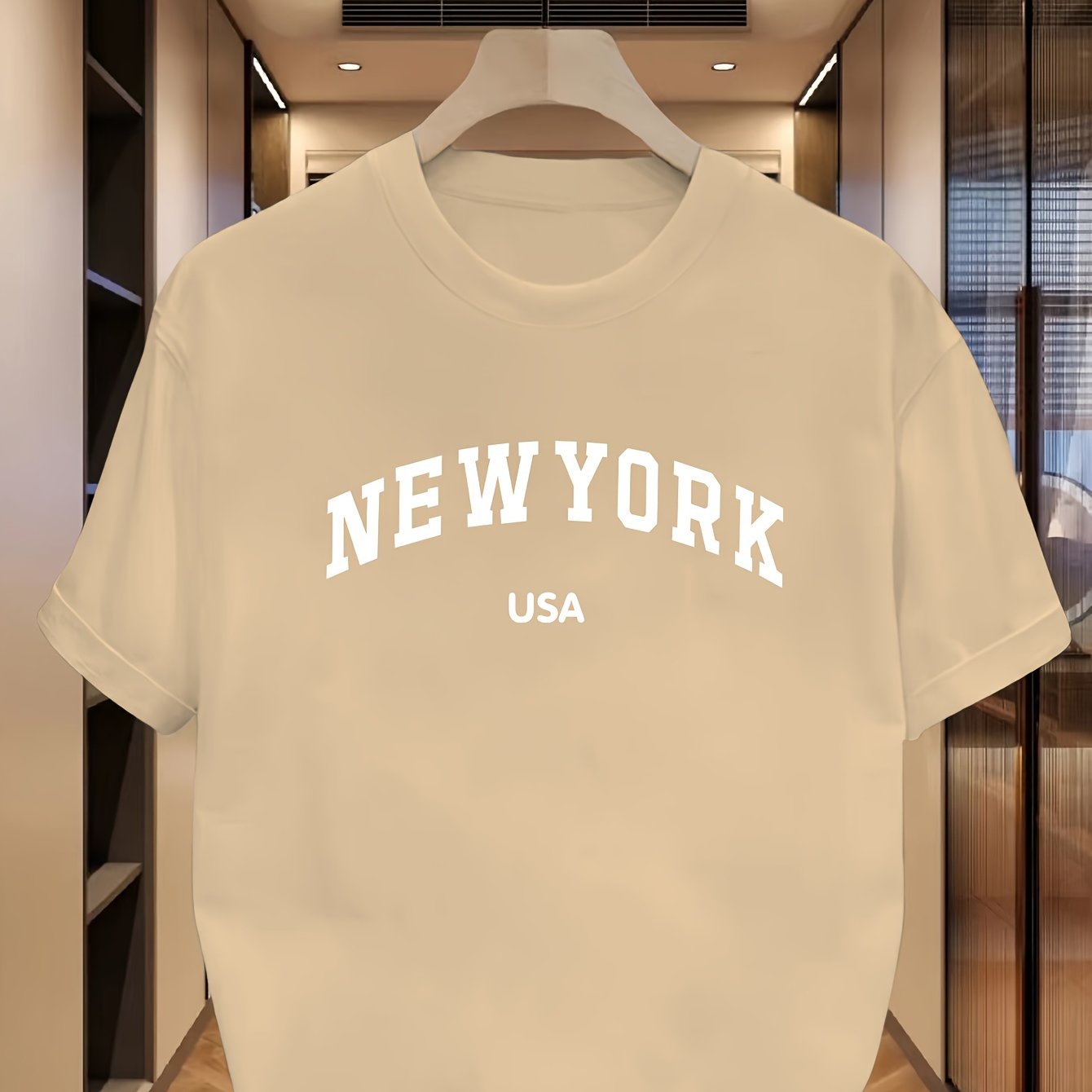 Men's casual crew neck t-shirt with NEW YORK USA print, 95% Polyester 5% Elastane, Slight stretch, Regular fit, Summer wear, 180gsm.