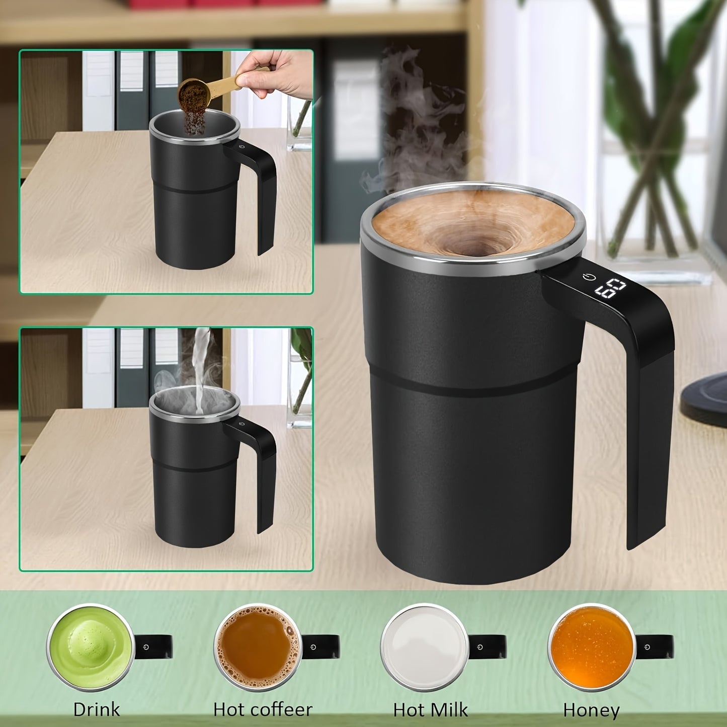 Electric Coffee Stirring Cup with USB rechargeable magnetic mixer, ABS material, lithium polymer battery. Perfect holiday gift.