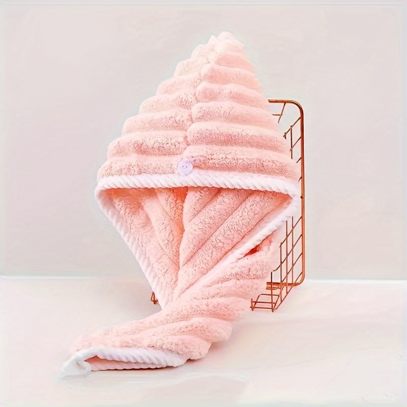 Stay dry and stylish with our Ultra-Soft Coral Fleece Hair Towel Wrap. Made with quick-drying ultra-fine fibers, this pink striped design is perfect for long and short hair. Elevate your bathroom routine with this versatile accessory that can be used as