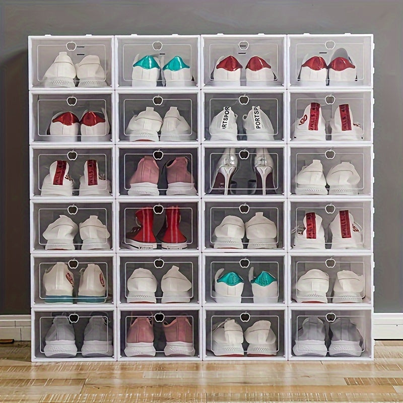 Set of 12 Large White Shoe Boxes, Transparent Plastic Storage Containers, Versatile Shoe Organizer for Dorm Rooms, Maximizes Space, Stackable Design, Easy Access Flip-Top Lid, Not Waterproof, Ideal for Home & Kitchen Organization