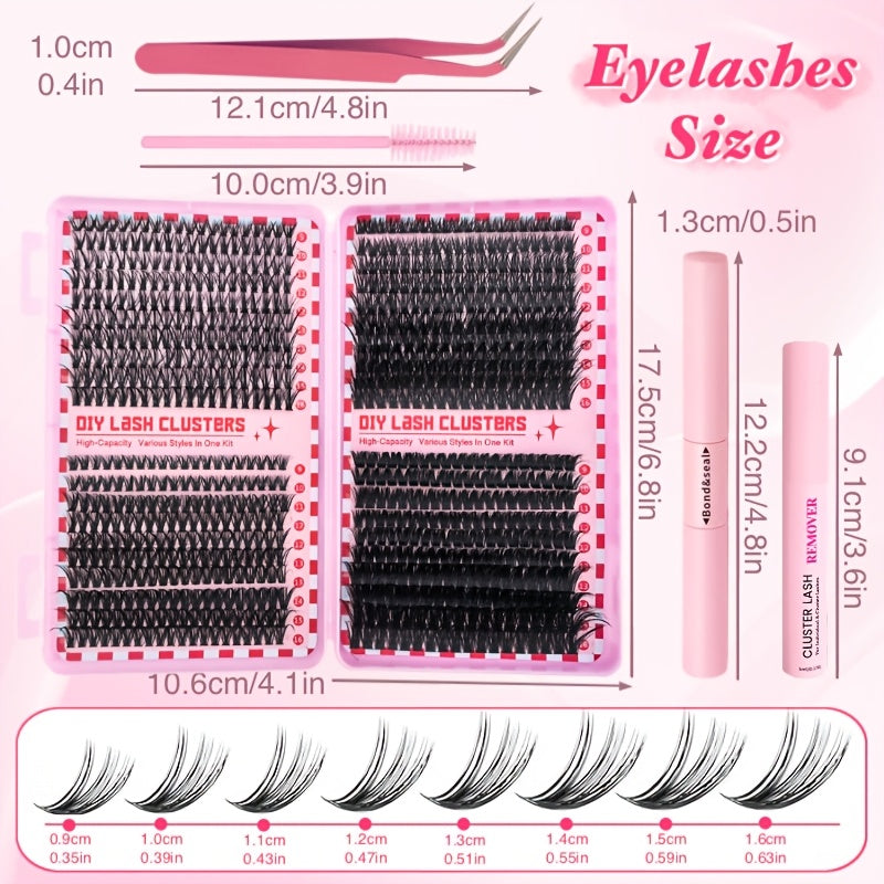 DIY Eyelash Extension Kit with 800pcs D-Curl Doll lashes in various styles and thicknesses, 9-16mm Mix Lash Clusters, and essential tools for easy at-home application.