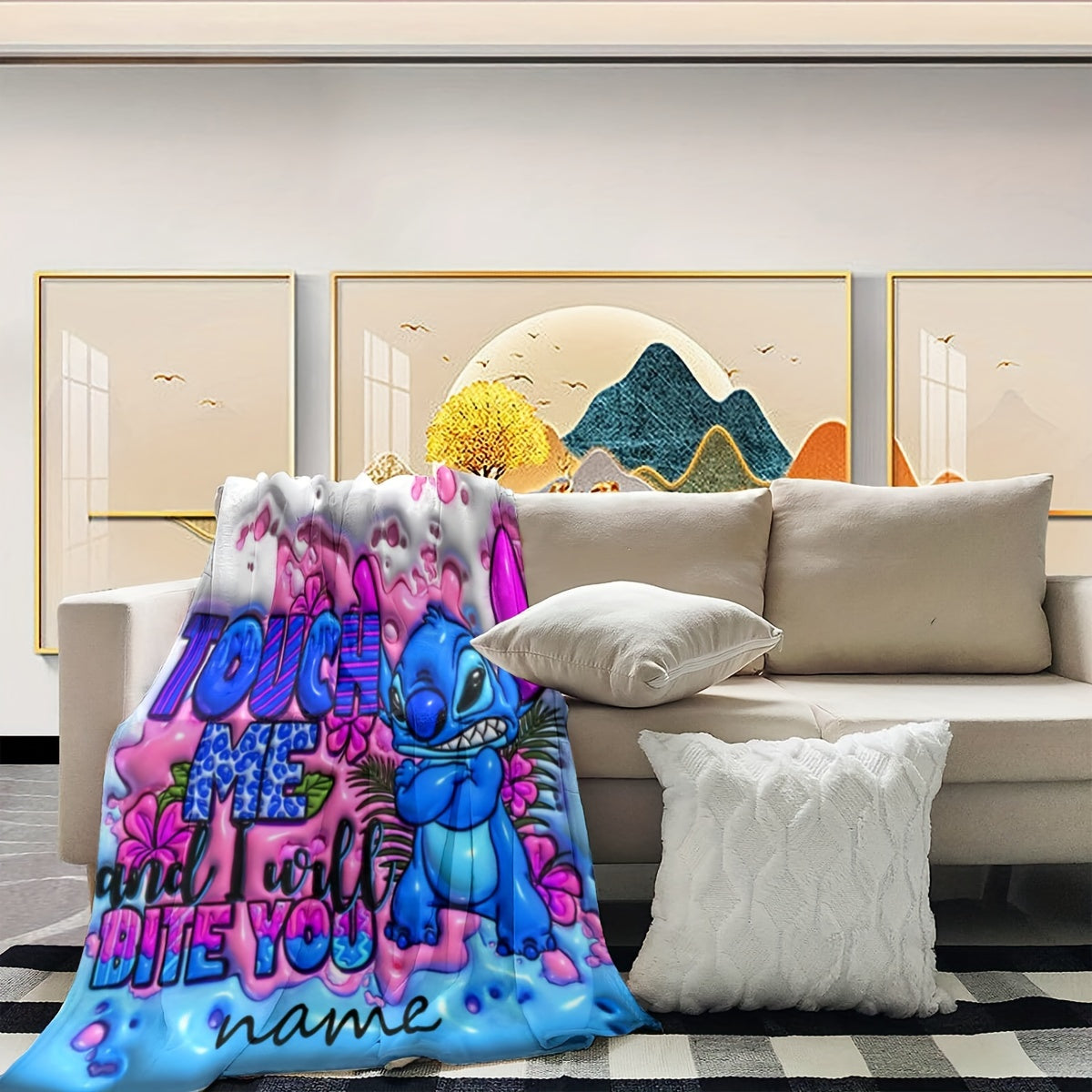 This ultra-soft and durable fleece throw blanket features a custom name print, with a contemporary style in mixed colors and an anime theme. It is reversible and suitable for all seasons, making it a versatile and multi-purpose addition to your home.