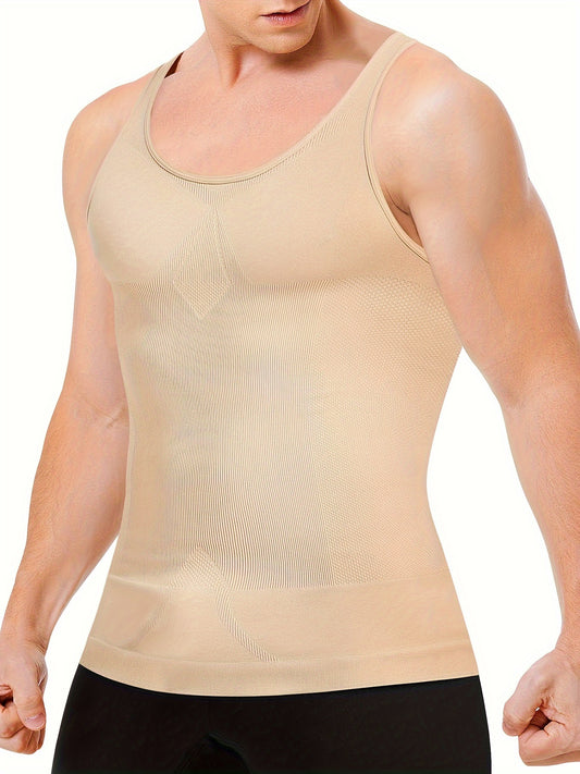 Men's slimming body shaper tank top made of breathable nylon-spandex blend. Sleeveless with off-shoulder neckline. Flexible and stretchy for all-season wear. Sporty style.