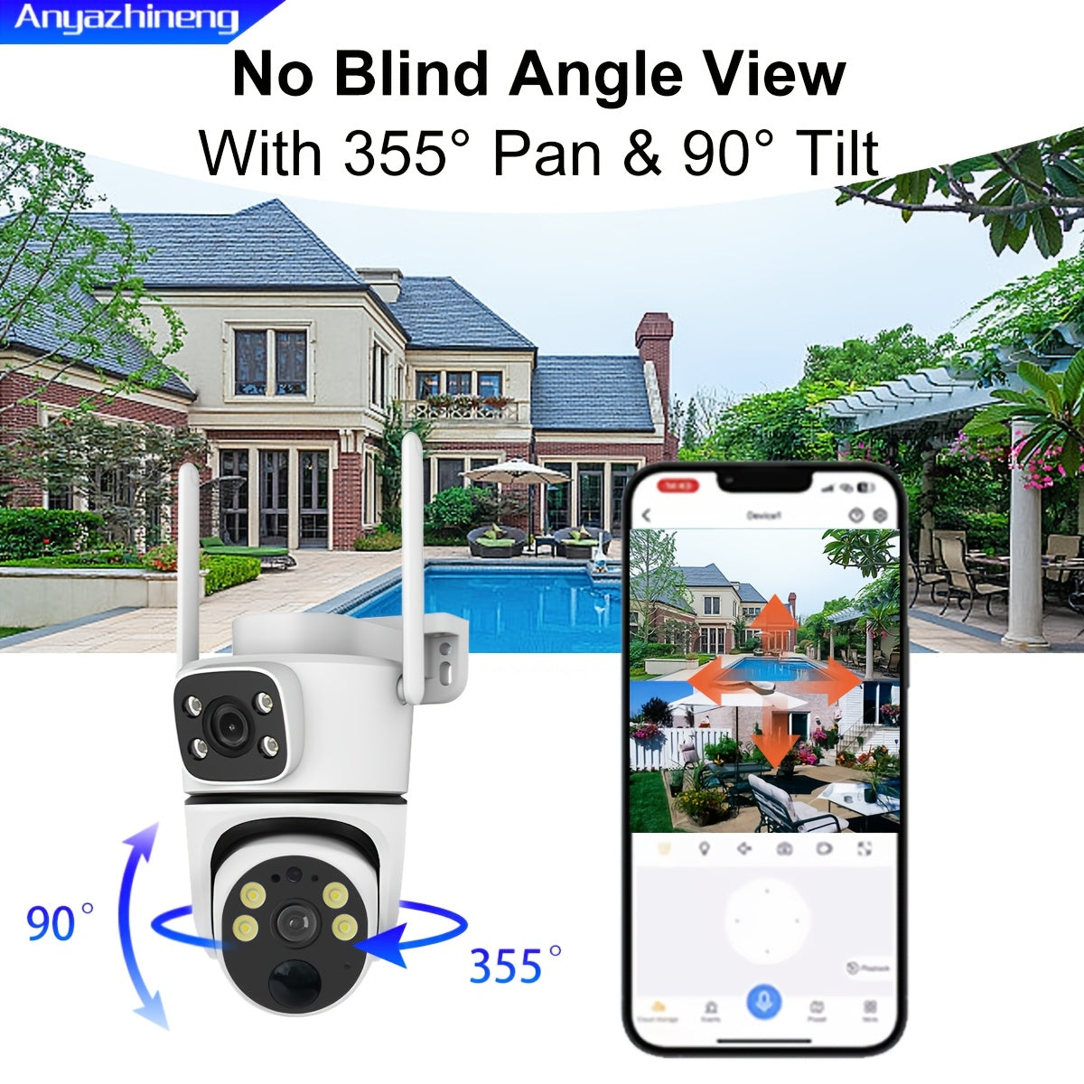 ANYAZHINENG Solar Powered Dual-Lens Security Camera - 1080p HD with PTZ Night Vision, Motion Detection, Two-Way Audio, Wi-Fi Enabled, App Controlled - Ideal for Home and Pet Monitoring (Non-Waterproof)