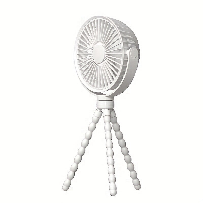 Versatile portable USB rechargeable fan features a tripod stand, high-velocity octopus gripping base, button control, indoor & outdoor air circulation, plastic painted finish, and integrated lithium battery. Perfect for desk or travel use, this exhaust