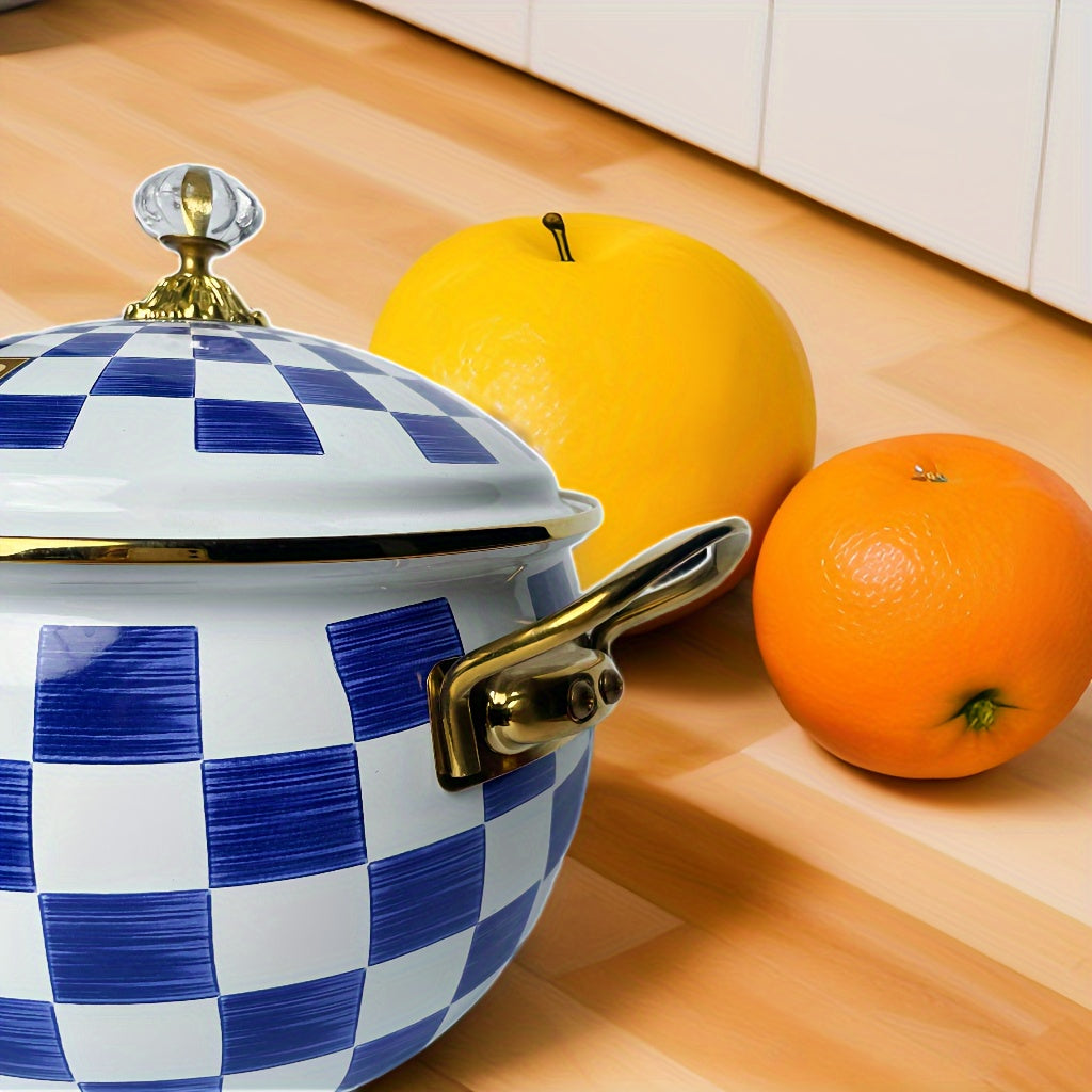 Large capacity enamel coated stockpot with lid, featuring a thick construction and vintage style. This double-handled stew and soup pot is perfect for versatile cooking and is suitable for gas and induction cooktops.