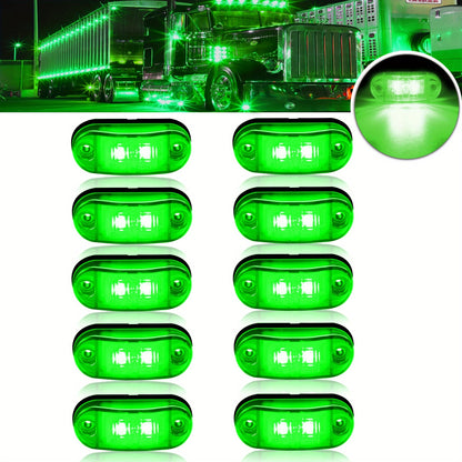 10 Universal LED marker lights for trucks, RVs, and other vehicles, with amber/red/white indicator bulbs, rear placement, and hard wiring. Operating on 12V-24V without a battery.