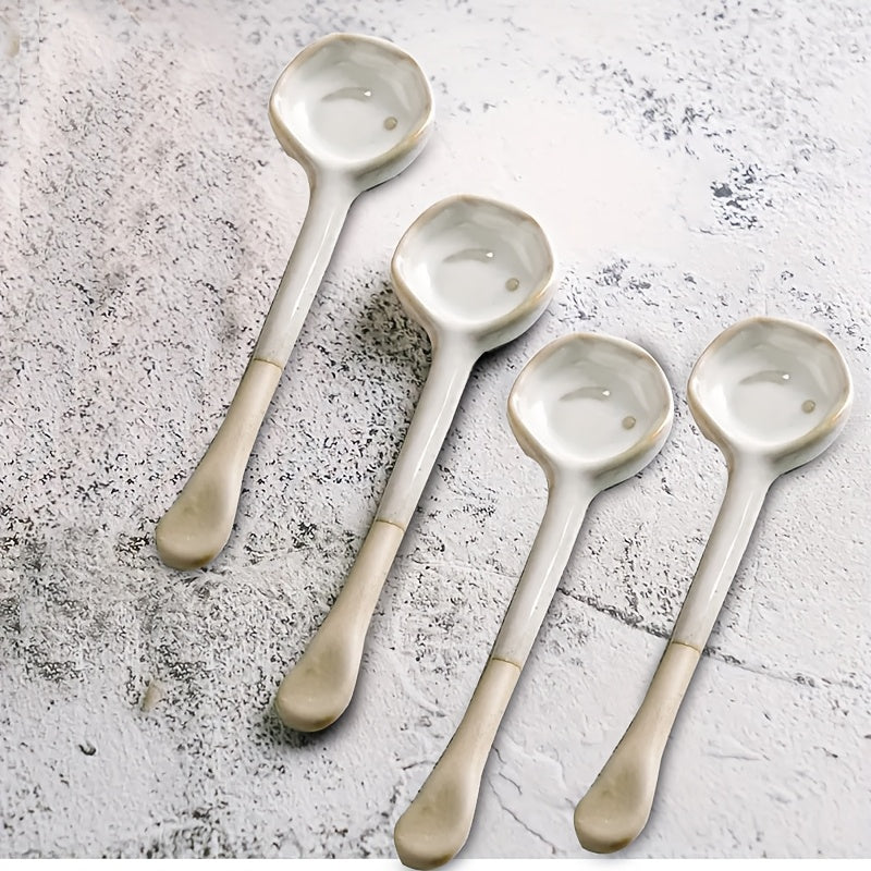 Get a set of stylish Retro European Style Ceramic Coffee Spoons - includes 4 pieces. These heat-resistant spoons are perfect for stirring coffee, salads, breakfast, or soups at family gatherings. Ideal for use in kitchens, dormitories, or restaurants. A