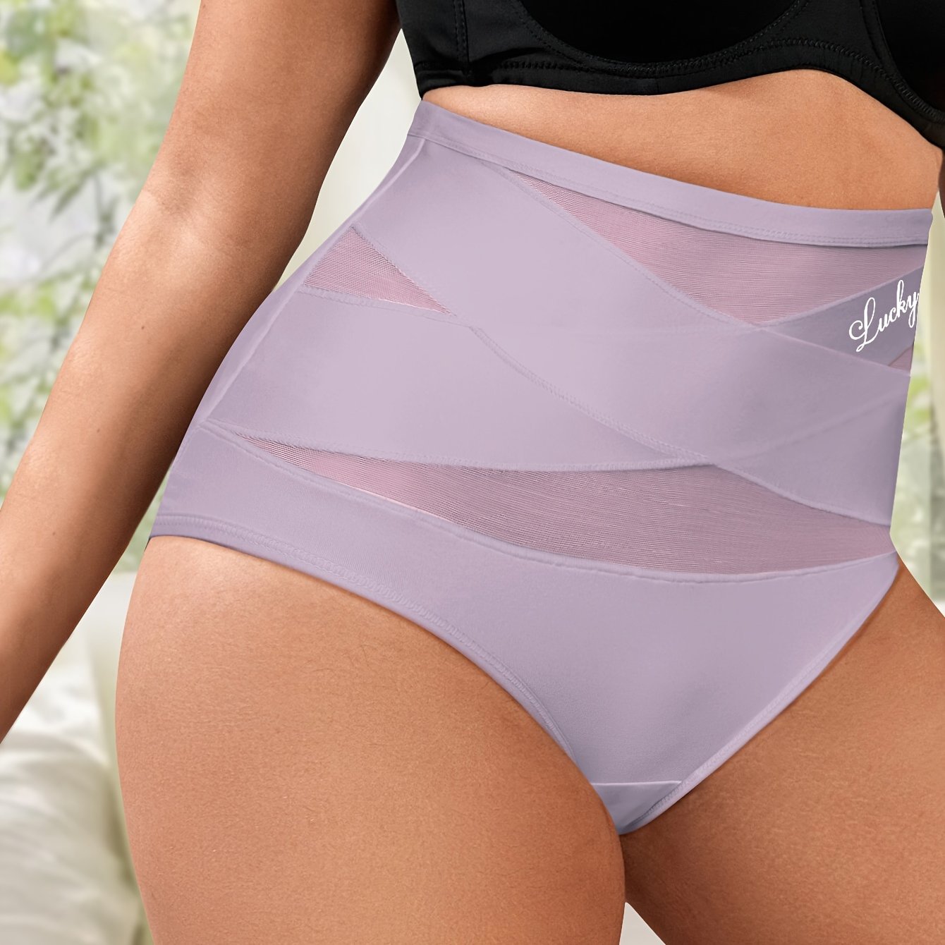 Plus size high-waist women's underwear in elegant purple, featuring tummy control, butt lifting, and waist reduction with a breathable mesh, cross-compression design.