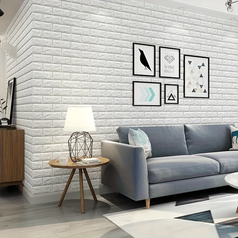 1 roll of 3D brick wall sticker with 10m self-adhesive vinyl foam wallpaper for home decor, creating a romantic bedroom atmosphere in brick, stone and wood style.