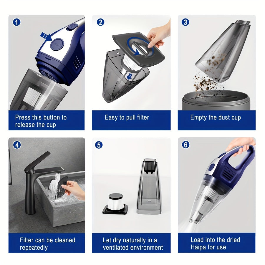 Compact Vacuum Cleaner Perfect for Home and Car Use, Featuring Powerful Suction, Rechargeable via USB, Includes Multiple Attachments for Versatile Cleaning Needs, Ideal for Car, Home, Office, and More.