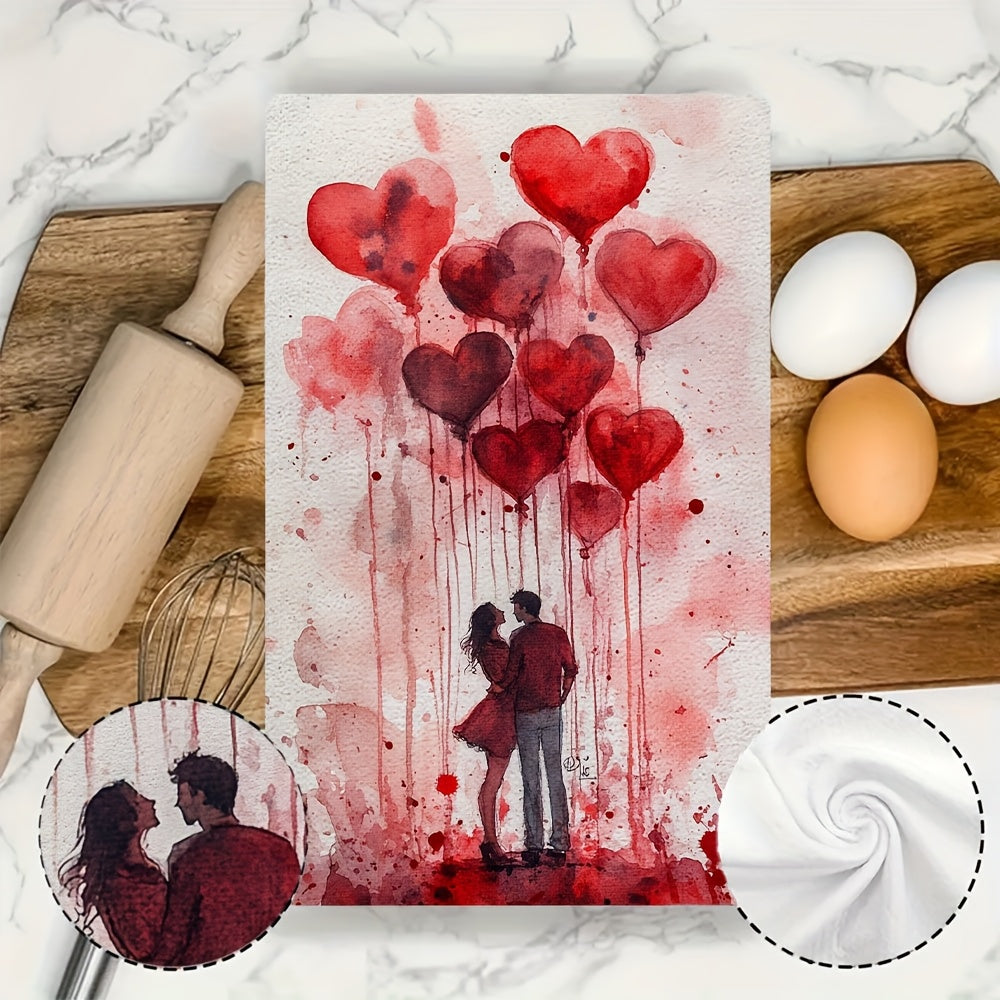 Two pieces of Romantic Valentine's Day kitchen towels made from ultra soft and highly absorbent polyester. Each towel measures 40.64x60.96 cm and is machine washable. Featuring a festive heart balloons design, these towels are perfect for adding some