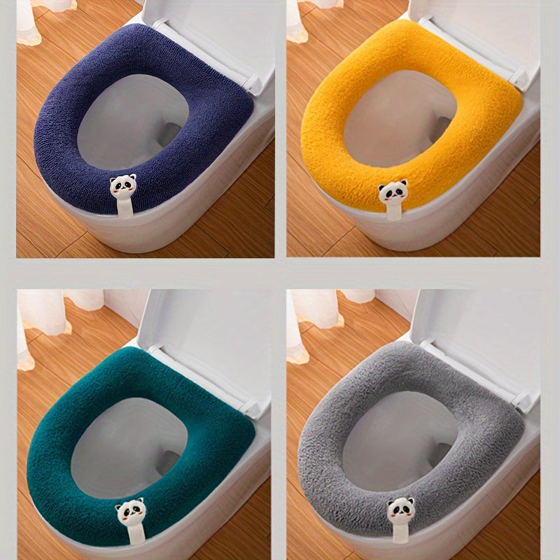 Thickened toilet seat cover with handle in cute cartoon solid colors, soft and comfortable.