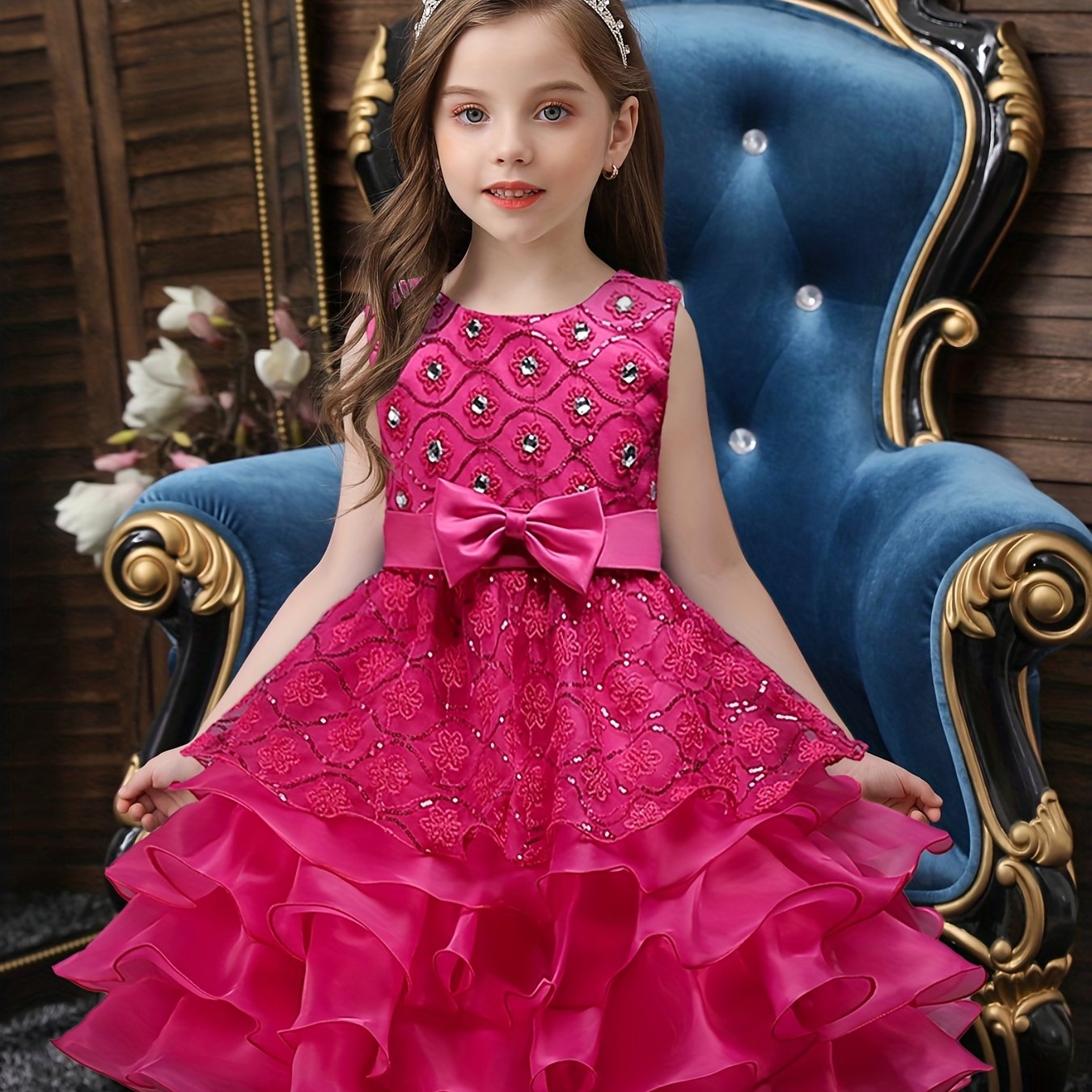 Girls Sleeveless Sequin Flower Princess Dress for Piano Performance, Wedding, Birthday Party