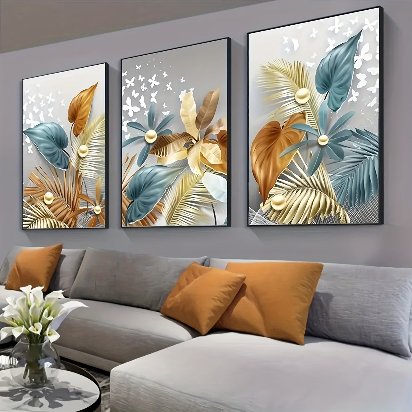 Frameless modern golden butterfly leaves canvas painting for living room decor, 3 pieces, 12x16in/30x40cm, no frame.