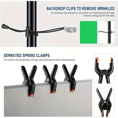 Adjustable, durable, and portable photography backdrop stand with 1pc 7x7ft or 7x10ft size, includes 2pcs spring clamps, 2pcs plastic clamps, and carrying bag. Stable design for portrait