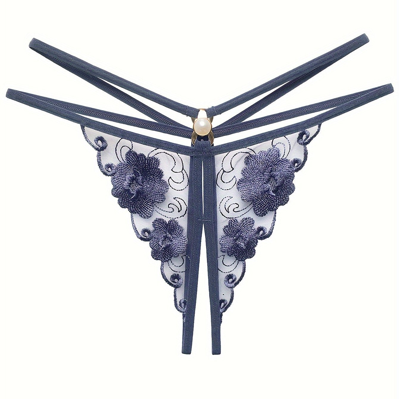 Glam style women's thong with embroidered floral design, made of 100% polyester knit fabric and transparent mesh. Features low waist and open crotch for a sexy look. Suitable for adults as