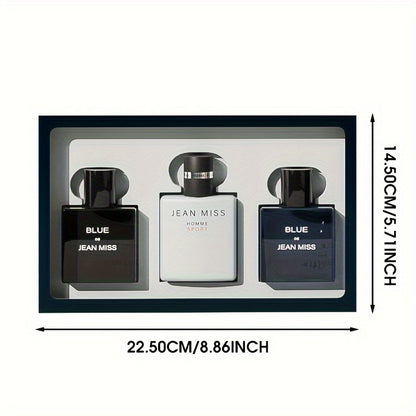 Men's perfume suit with blue cologne, wood fragrance, and lasting freshness in an authentic gift box for students.